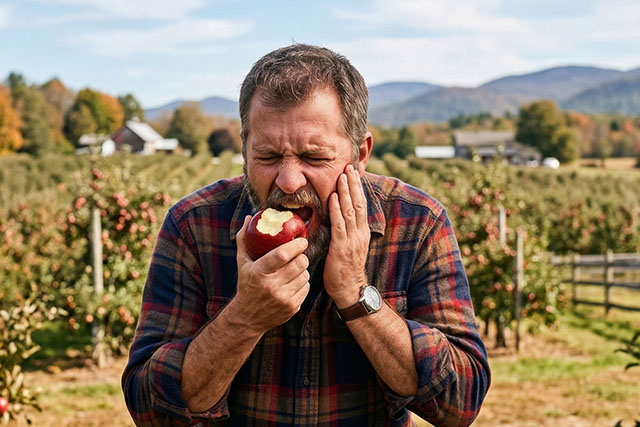 a man with damaged teeth in pain after biting an apple