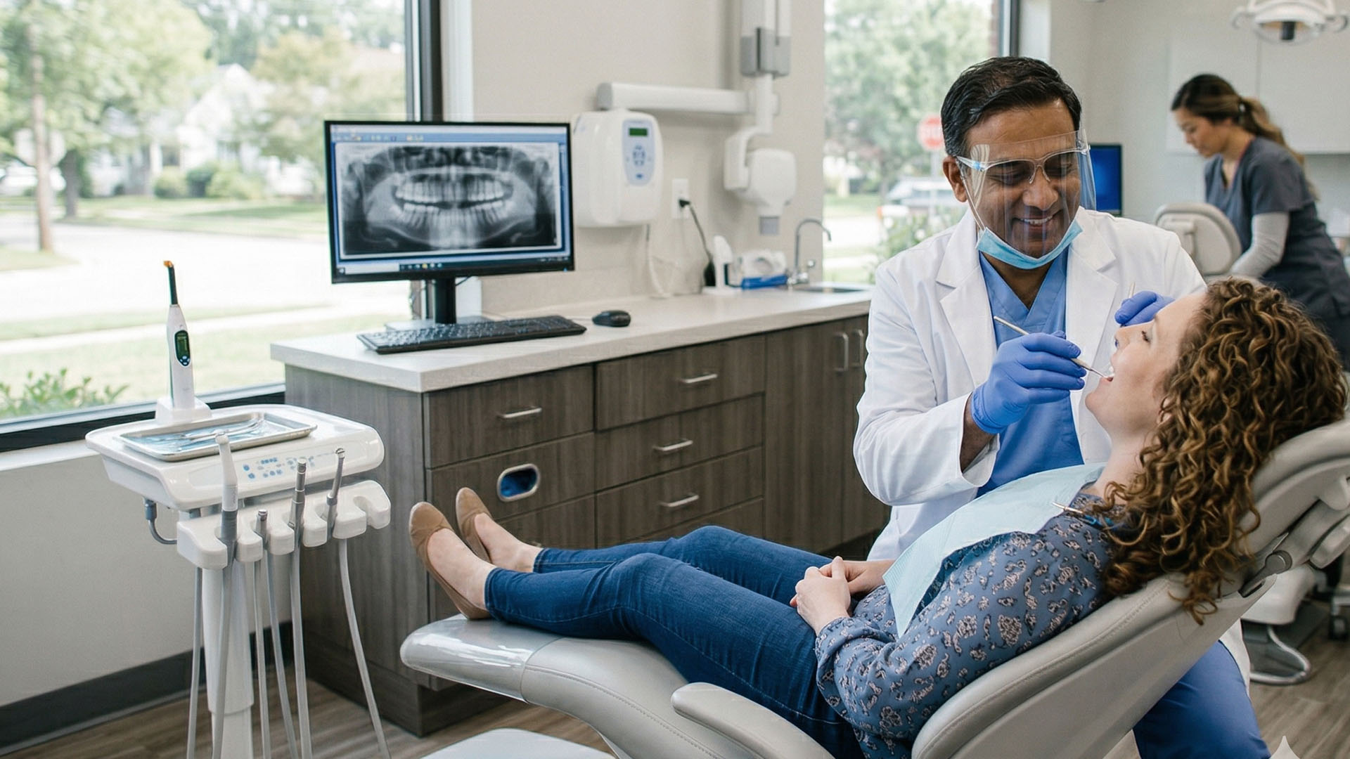 a dentist checking on a patient's teeth in his dental clinic