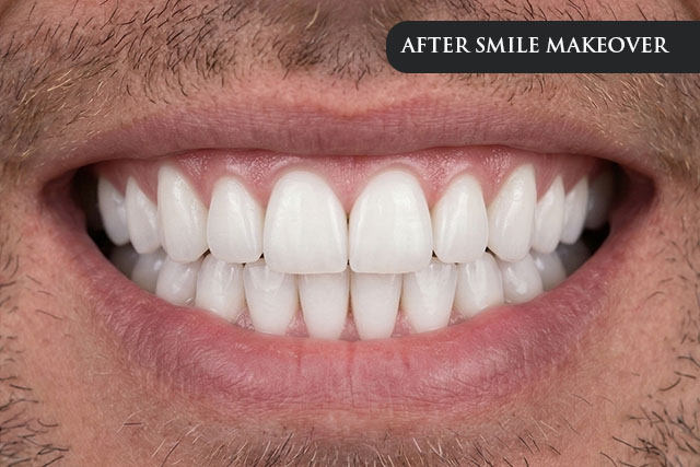 an after treatment image of a patient post his smile makeover with bright and white teeth