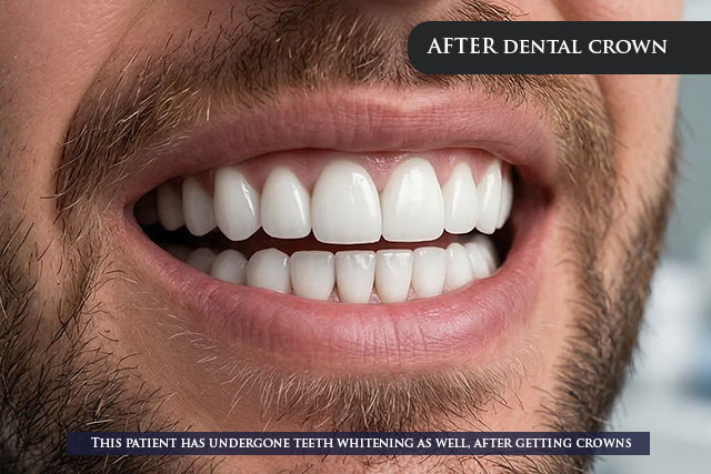 an after treatment image of a patient post adding dental crown and getting teeth whitening done