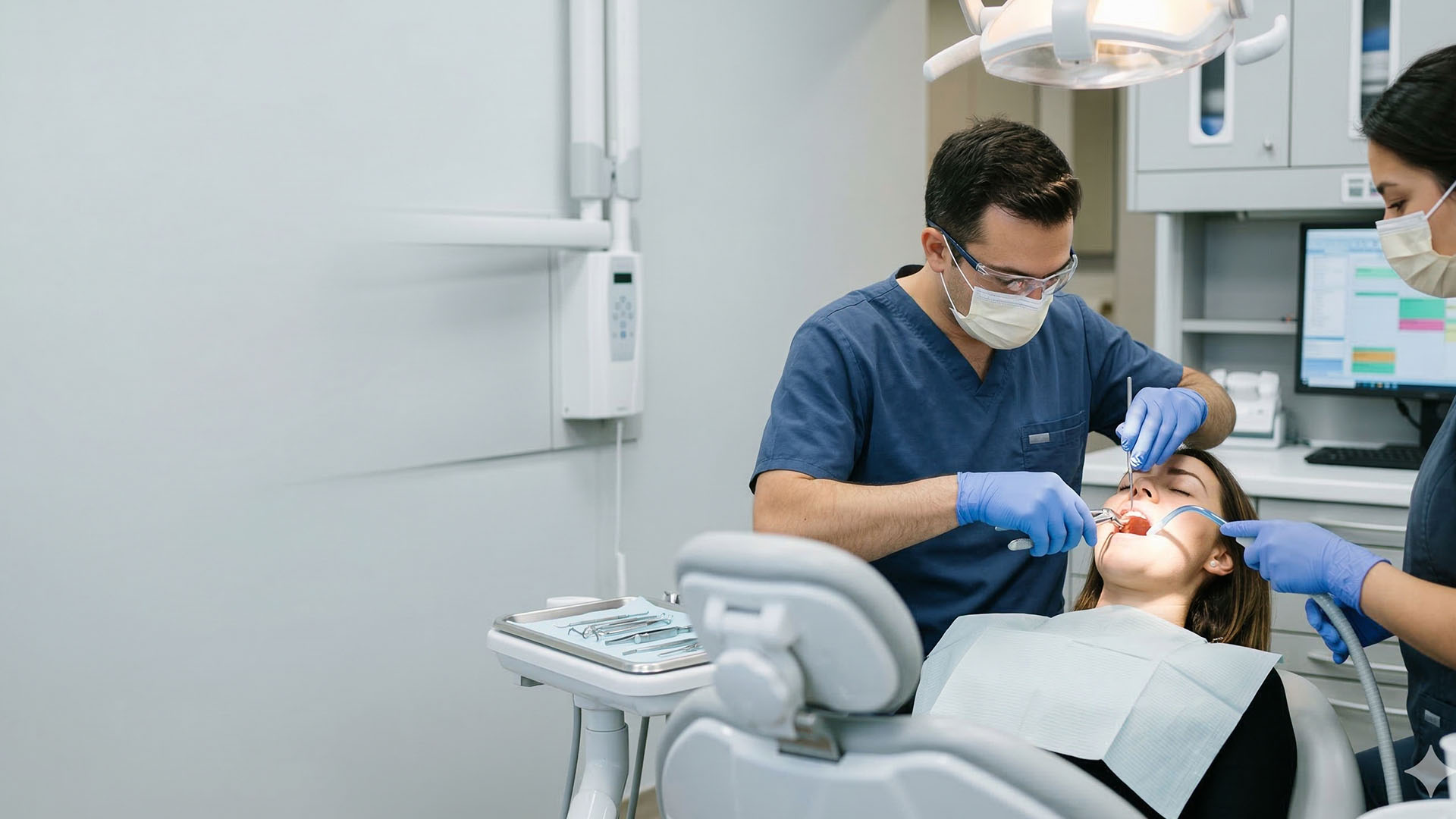 a dentist performing tooth extraction on a patient, while the office staff is standing with them supporting the dentist