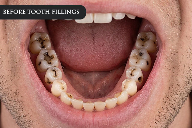 a before treatment image of a patient with teeth full of cavities