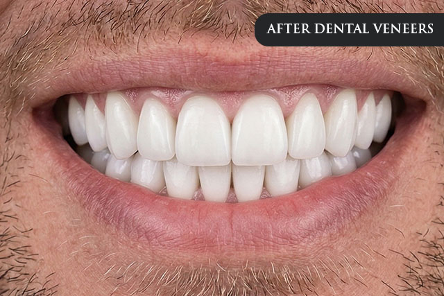 an after treatment image of a patient with a perfect set of teeth after getting dental veneers