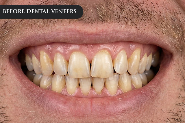 a before treatment image of a patient with uneven and discolored teeth